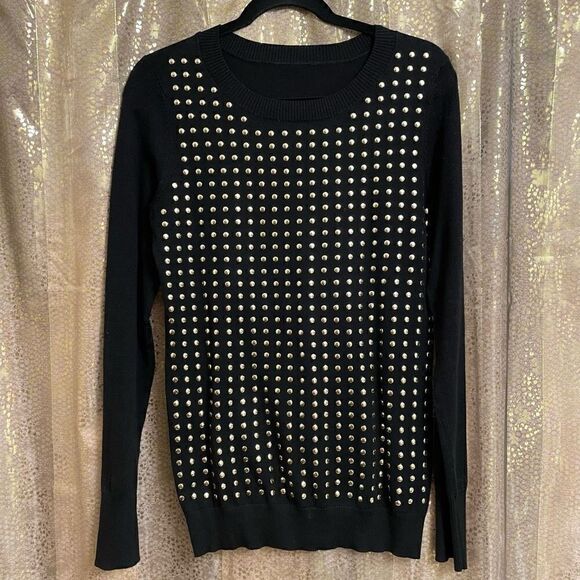 Express Black Gold Studded Form Fitting Crewneck Sweater, Large - Picture 1 of 4
